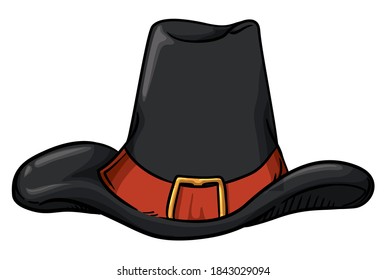 Traditioneller dunkler Pilgerhut mit orangefarbenem Band und goldenem Verschluss im Cartoon- und Linienstil einzeln auf weißem Hintergrund.