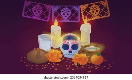 Traditional Day of the Dead offering that contains the traditional sugar skull, food, cempasuchil flower petals and papel picado. ofrenda tradicional de día de muertos