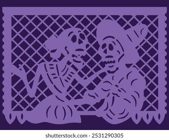 Traditional Day of the Dead papel picado with the image of a couple of dancing skeletons