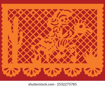 Tradicional Dia dos Mortos papel picado no México com a imagem retratada de um esqueleto montando seu cavalo