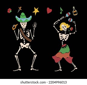Traditional Day of The Dead symbols - dancing skeletons dressed in folk Mexican costumes, maracas, heart, rose, tequila bottle. Holiday vector illustration on black background isolated.