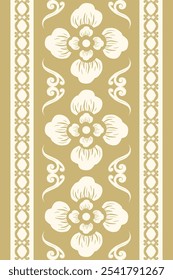Traditional Day Light Exquisitely Elegant Florals Border Pattern Decoration. Rich Beige Embroidery on Gold Background. Detailed Fairy Silk Flowers Scroll Ornament with Rim for all deco Luxury Design. 
