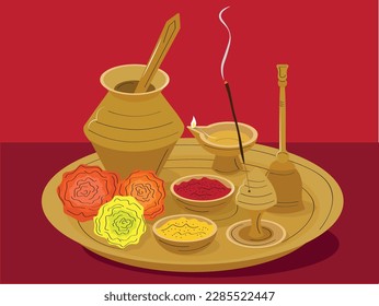 Traditional, decorated pooja thali hindu religious items for worship and celebrations. Puja thali for diwali with flowers. Vector illustration in golden colours with black lines and red background.