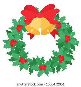 Traditional decoration for xmas celebration. Christmas holiday element made in rounded shape. Wreath with red ribbons and bells, branches of mistletoe leaves. Winter holidays symbol of noel vector