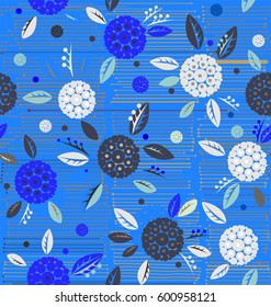 Traditional decorative flowers on a background of horizontal lines in gray, blue, black, and light gray colors a seamless pattern on a blue background