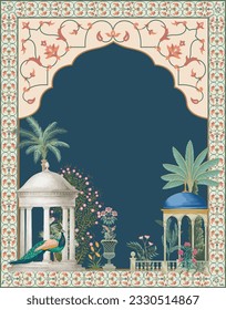 Traditional decorative mughal illustrated frame for wedding invitation