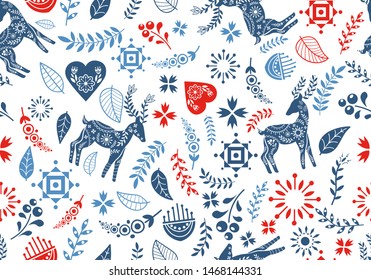 Traditional decorative northern ornament, hygge style. Norwegian pattern with deers and flowers. Seamless pattern