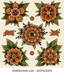 Traditional decorative tattoo flowers. Set of isolated vector illustrations.