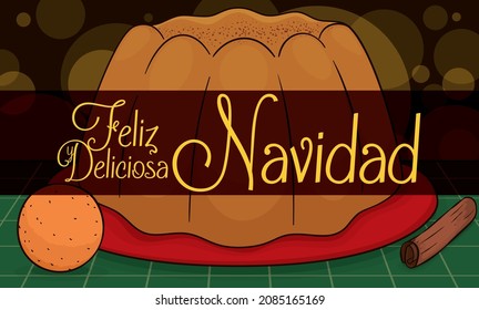 Traditional and delicious Colombian dish for seasonal Xmas holidays: round fritter -or bunuelo-, custard -or natilla- and cinnamon branch (texts written in Spanish).