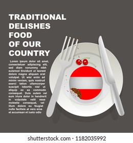 Traditional delicious food of Austria country poster. European national dessert. Vector illustration cake with national flag of Austria  on gray background