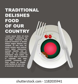 Traditional delicious food of Bangladesh country poster. Asian national dessert. Vector illustration cake with national flag of Bangladesh  on gray background