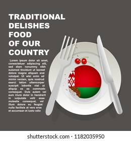 Traditional delicious food of Belarus country poster. European national dessert. Vector illustration cake with national flag of Belarus  on gray background
