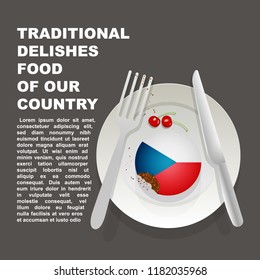 Traditional delicious food of Czech Republic country poster. European national dessert. Vector illustration cake with national flag of Czech Republic  on gray background