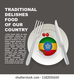 Traditional delicious food of Ethiopia country poster. African national dessert. Vector illustration cake with national flag of Ethiopia  on gray background
