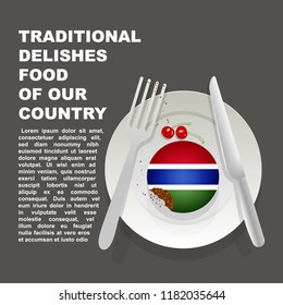 Traditional delicious food of Gambia country poster. African national dessert. Vector illustration cake with national flag of Gambia  on gray background