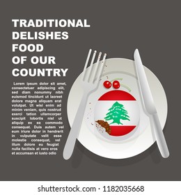 Traditional delicious food of Lebanon country poster. Asian national dessert. Vector illustration cake with national flag of Lebanon  on gray background