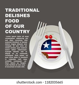 Traditional delicious food of Liberia country poster. African national dessert. Vector illustration cake with national flag of Liberia  on gray background