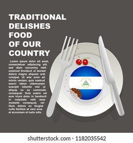 Traditional delicious food of Nicaragua country poster. American national dessert. Vector illustration cake with national flag of Nicaragua  on gray background
