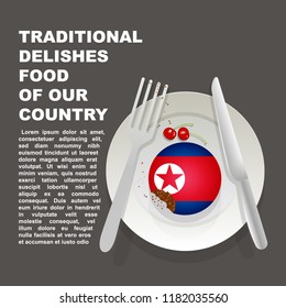 Traditional delicious food of North Korea country poster. Asian national dessert. Vector illustration cake with national flag of North Korea  on gray background