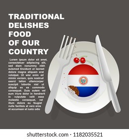 Traditional delicious food of Paraguay country poster. American national dessert. Vector illustration cake with national flag of Paraguay  on gray background