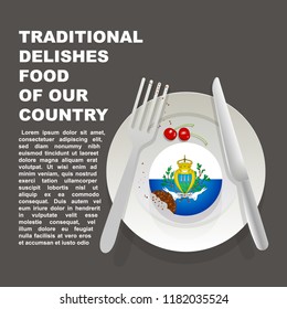 Traditional delicious food of San Marino country poster. European national dessert. Vector illustration cake with national flag of San Marino  on gray background