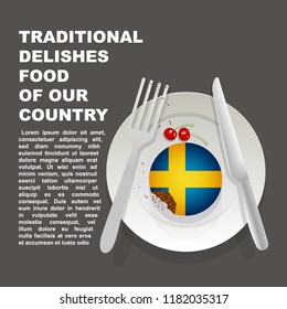 Traditional delicious food of Sweden country poster. European national dessert. Vector illustration cake with national flag of Sweden  on gray background