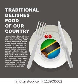 Traditional delicious food of Tanzania country poster. African national dessert. Vector illustration cake with national flag of Tanzania  on gray background