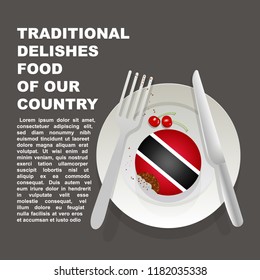 Traditional Delicious Food Of Trinidad And Tobago Country Poster. American National Dessert. Vector Illustration Cake With National Flag Of Trinidad And Tobago  On Gray Background