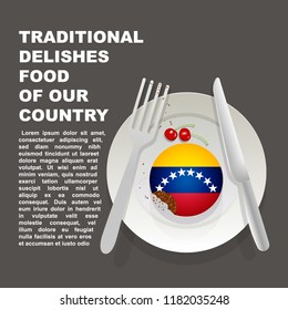 Traditional delicious food of Venezuela country poster. American national dessert. Vector illustration cake with national flag of Venezuela  on gray background