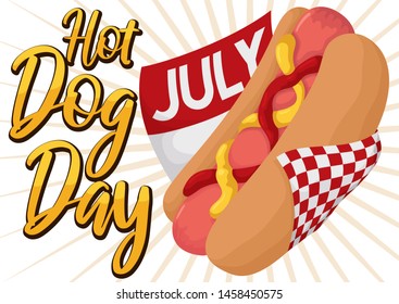Traditional and delicious hotdog with ketchup and mustard, covered with squared napkin and a loose-leaf calendar ready for Hot Dog Day celebration in July.