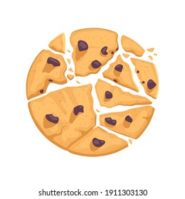 Traditional delicious pastries with chocolate pieces. Broken cookies. Vector illustration in cartoon flat style.