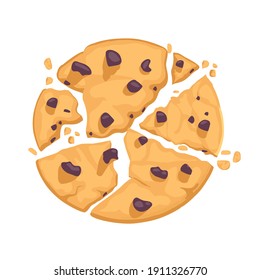 Traditional delicious pastries with chocolate pieces. Broken cookies. Vector illustration in cartoon flat style.