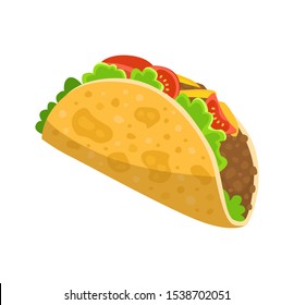 Traditional delicious tacos, spicy Mexican food with tortilla, beef, salad and tomato, taco vector illustration isolated on white