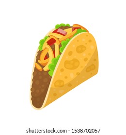 Traditional delicious tacos, spicy Mexican food with tortilla, beef, salad and tomato, taco vector illustration isolated on white