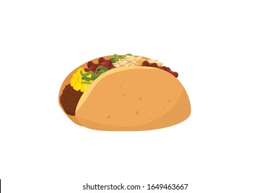 Traditional delicious tacos, spicy Mexican food with tortilla, beef, salad and tomato, taco vector illustration isolated on white