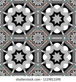 Traditional design of 50s. Abstract holiday wrapping paper in brown, gray and black. Pin up style. Fabric spring ornament with tiles. Seamless rhombus pattern. Vector tiled background.