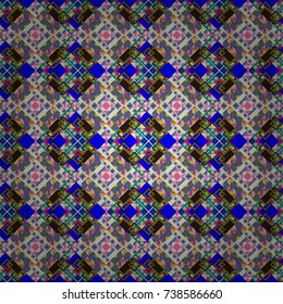 Traditional design of 50s. Abstract holiday wrapping paper in blue, beige and brown. Pin up style. Vector tiled background. Seamless rhombus pattern. Fabric spring ornament with tiles.