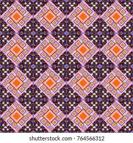 Traditional design of 50s. Fabric spring ornament with tiles. Seamless rhombus pattern. Pin up style. Abstract holiday wrapping paper in orange, pink and black. Vector tiled background.