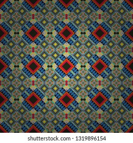 Traditional design of 50s. Pin up style. Seamless rhombus pattern. Vector tiled background. Fabric spring ornament with tiles. Abstract holiday wrapping paper in green, gray and blue.