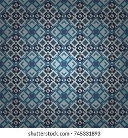 Traditional design of 50s. Pin up style. Vector tiled background. Fabric spring ornament with tiles. Abstract holiday wrapping paper in gray, violet and blue. Seamless rhombus pattern.