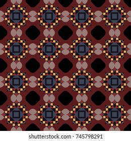 Traditional design of 50s. Pin up style. Fabric spring ornament with tiles. Seamless rhombus pattern. Abstract holiday wrapping paper in pink, black and brown. Vector tiled background.