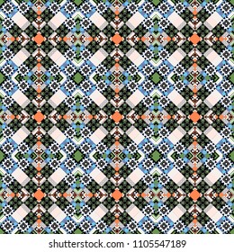 Traditional design of 50s. Seamless rhombus pattern. Vector tiled background. Pin up style. Fabric spring ornament with tiles. Abstract holiday wrapping paper in green, black and white.