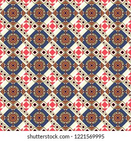 Traditional design of 50s. Seamless rhombus pattern. Pin up style. Vector tiled background. Abstract holiday wrapping paper in blue, orange and beige. Fabric spring ornament with tiles.