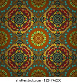 Traditional design of 50s. Tiled background. Seamless rhombus pattern. Abstract holiday wrapping paper in green, orange and blue. Fabric spring ornament with tiles.