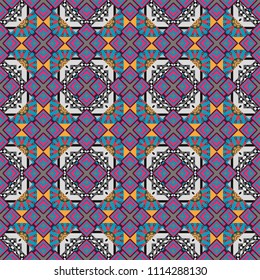Traditional design of 50s. Vector tiled background. Fabric spring ornament with tiles. Seamless rhombus pattern. Abstract holiday wrapping paper in pink, gray and blue. Pin up style.
