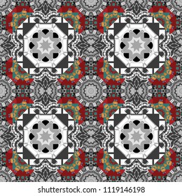 Traditional design of 50s. Vector tiled background. Pin up style. Fabric spring ornament with tiles. Abstract holiday wrapping paper in red, white and gray. Seamless rhombus pattern.