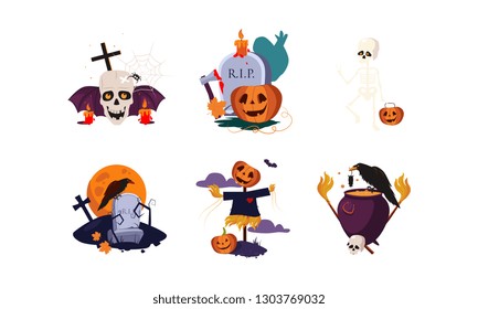 Traditional design elements of Halloween set, scary symbols vector Illustration