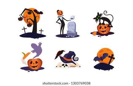 Traditional design elements of Halloween set, scary tree, pumpkin, moon, grave with tombstone, ghost, skull, with hat, vector Illustration