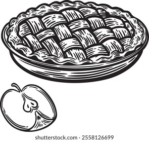 Traditional dessert apple pie engraved vector isolated on white background.