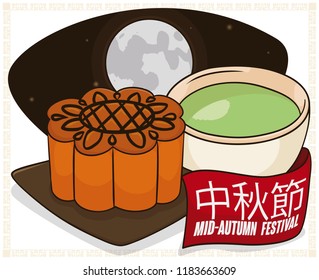 Traditional dessert to celebrate Mid-Autumn festival (written in Chinese calligraphy in the greeting ribbon), under the full moon light: a delicious mooncake with green tea.